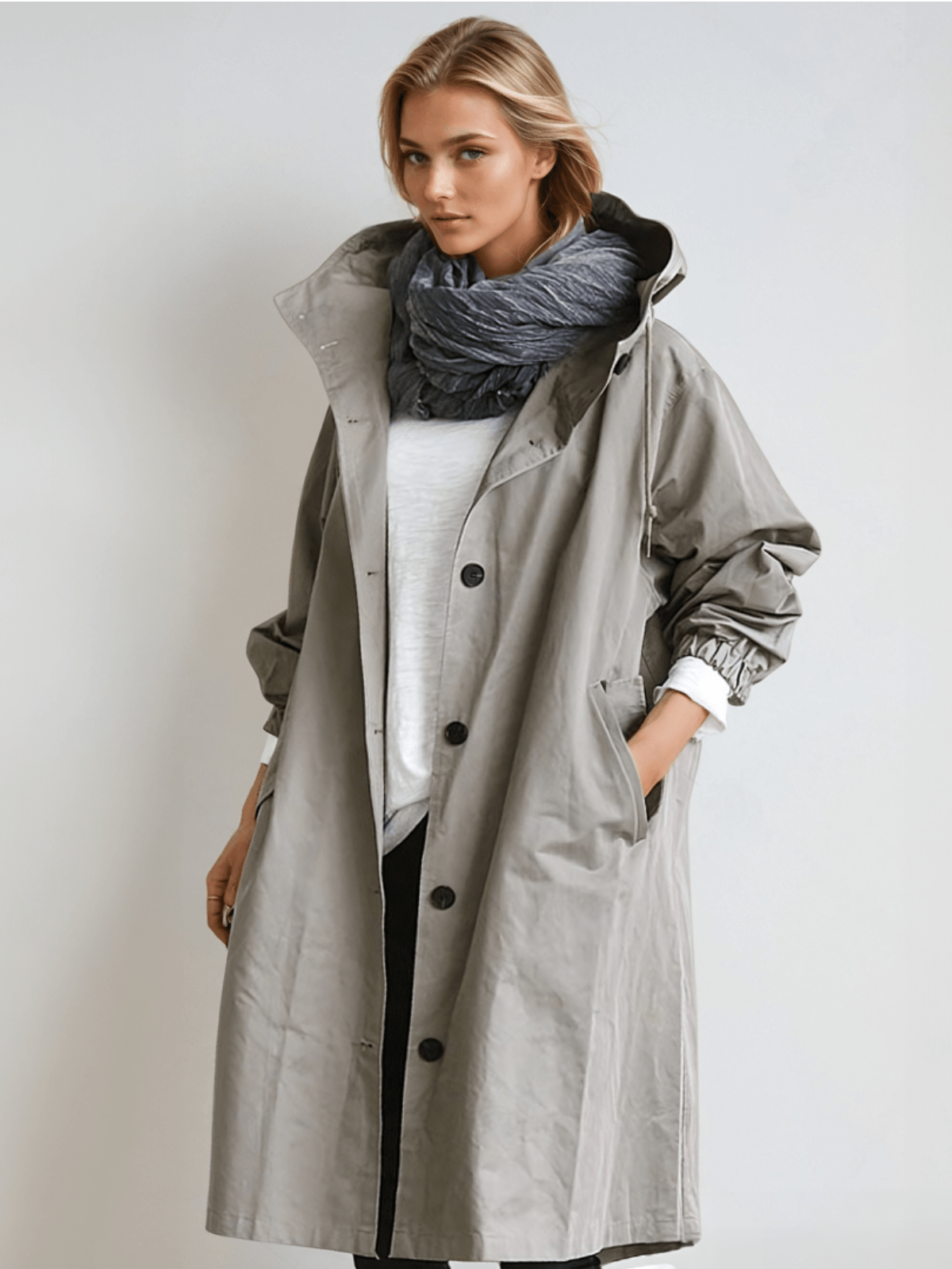 Effortless Oversized Trench Coat for Women with Hooded Collar Long Sleeve Button Front Relaxed Style