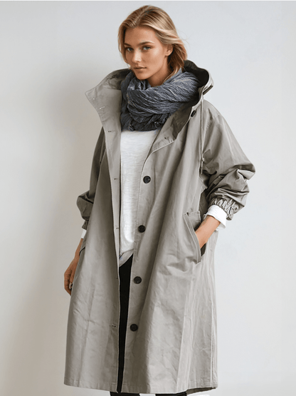 Effortless Oversized Trench Coat for Women with Hooded Collar Long Sleeve Button Front Relaxed Style
