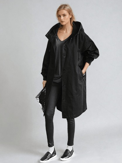 Effortless Oversized Trench Coat for Women with Hooded Collar Long Sleeve Button Front Relaxed Style