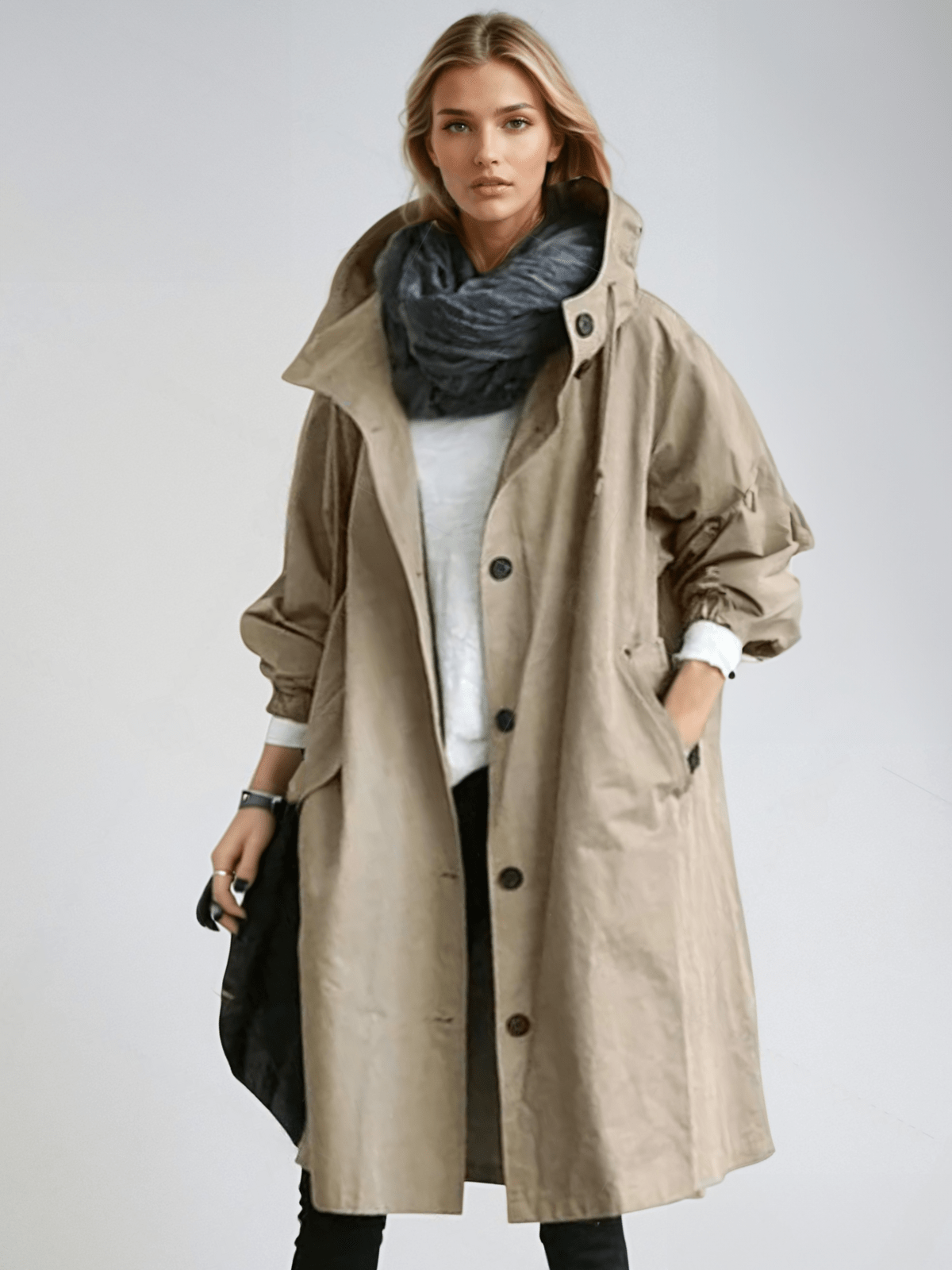 Effortless Oversized Trench Coat for Women with Hooded Collar Long Sleeve Button Front Relaxed Style