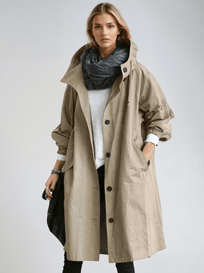 Effortless Oversized Trench Coat for Women with Hooded Collar Long Sleeve Button Front Relaxed Style