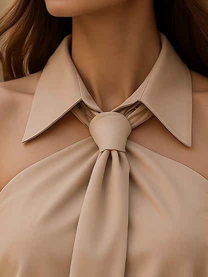 Elegant Satin Going Out Top for Women with Collar Halter Neck Cutout Silky Style
