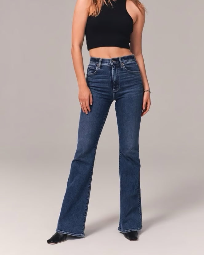 Effortless High Waisted Flare Jeans for Women with Five Pocket Whisker Wash Relaxed Denim Style
