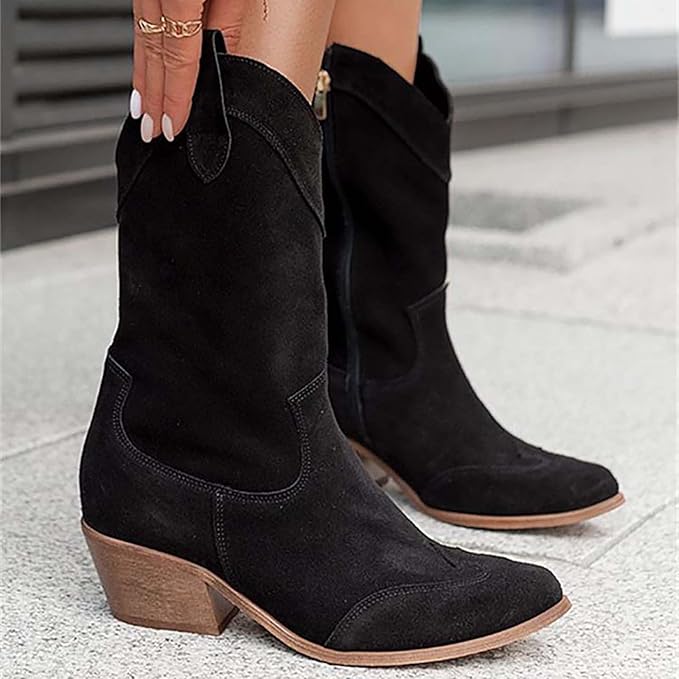 Stylish Suede Cowboy Boots for Women with Perforated Cutout Block Heel Pointed Toe Western Style