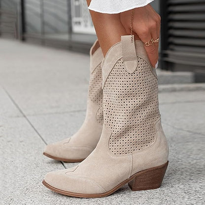 Stylish Suede Cowboy Boots for Women with Perforated Cutout Block Heel Pointed Toe Western Style