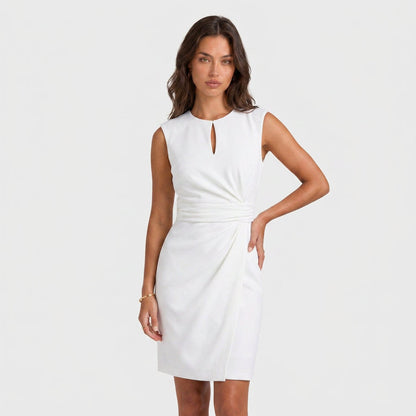 Elegant Cocktail Party Dress for Women with Keyhole Neck Cap Sleeve Ruched Waist Bodycon Style