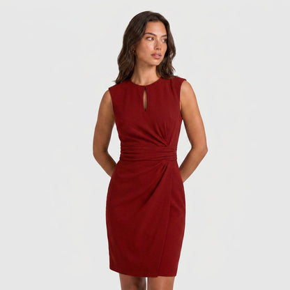 Elegant Cocktail Party Dress for Women with Keyhole Neck Cap Sleeve Ruched Waist Bodycon Style