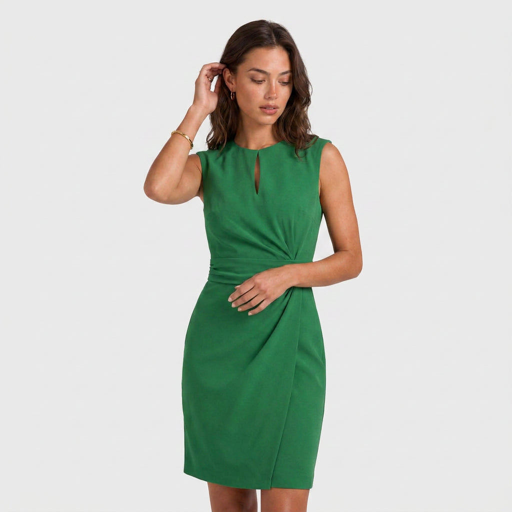 Elegant Cocktail Party Dress for Women with Keyhole Neck Cap Sleeve Ruched Waist Bodycon Style