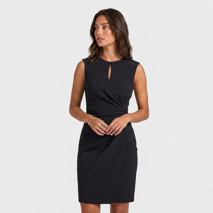 Elegant Cocktail Party Dress for Women with Keyhole Neck Cap Sleeve Ruched Waist Bodycon Style