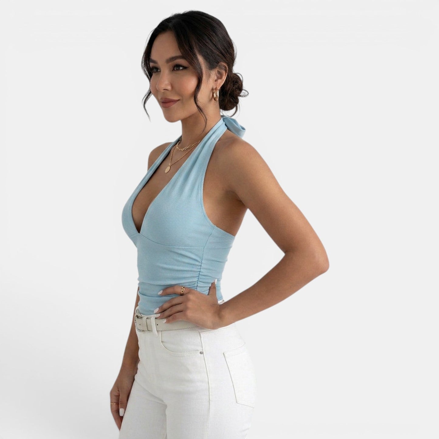Effortless Knit Halter Top for Women with V Neck Sleeveless Backless Tie Style