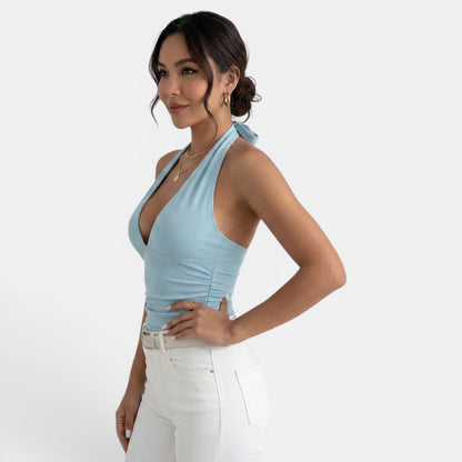 Effortless Knit Halter Top for Women with V Neck Sleeveless Backless Tie Style