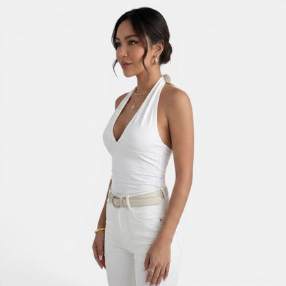 Effortless Knit Halter Top for Women with V Neck Sleeveless Backless Tie Style