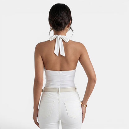 Effortless Knit Halter Top for Women with V Neck Sleeveless Backless Tie Style