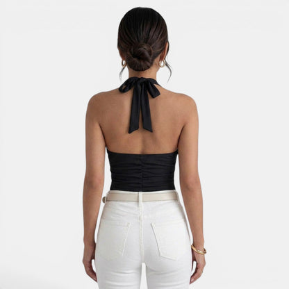 Effortless Knit Halter Top for Women with V Neck Sleeveless Backless Tie Style