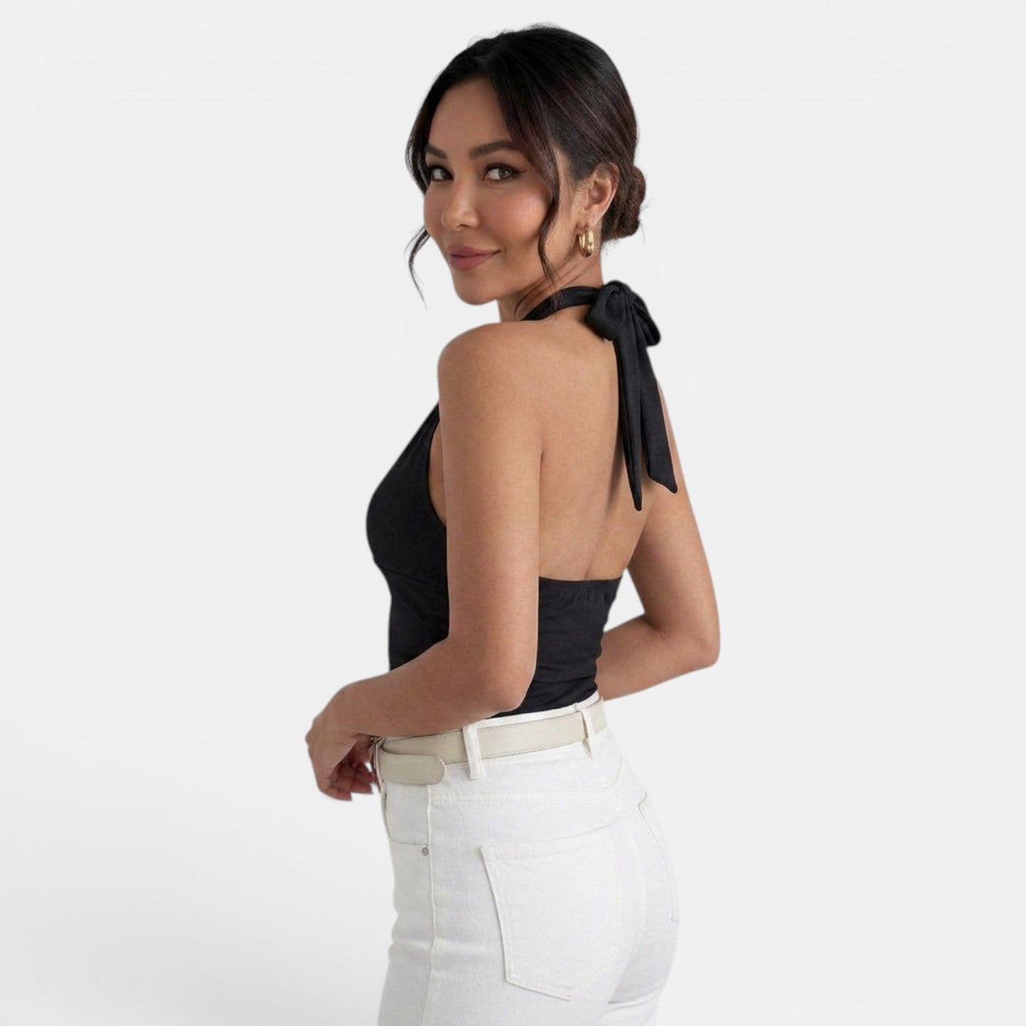 Effortless Knit Halter Top for Women with V Neck Sleeveless Backless Tie Style