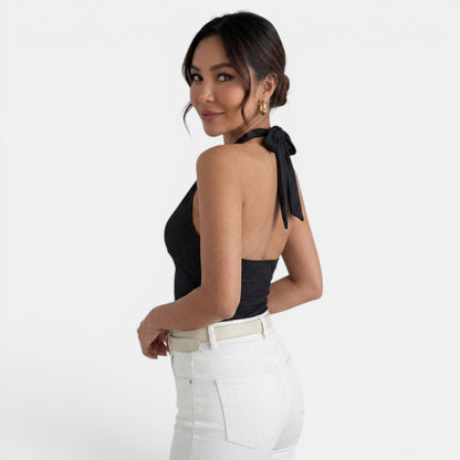 Effortless Knit Halter Top for Women with V Neck Sleeveless Backless Tie Style