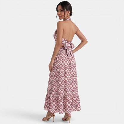 Effortless Red Geometric Print Two Piece Set for Women with Halter Top Wide Leg Maxi Skirt Bohemian Style