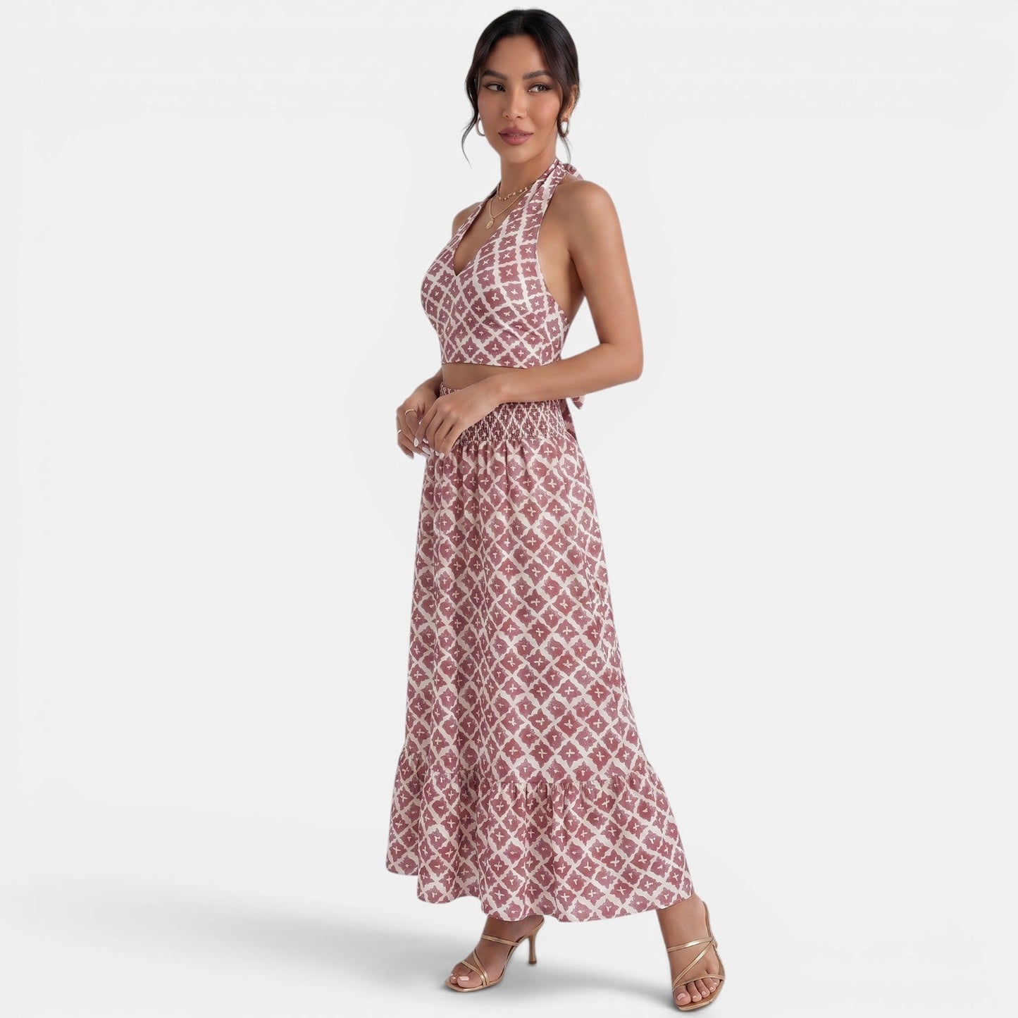 Effortless Red Geometric Print Two Piece Set for Women with Halter Top Wide Leg Maxi Skirt Bohemian Style