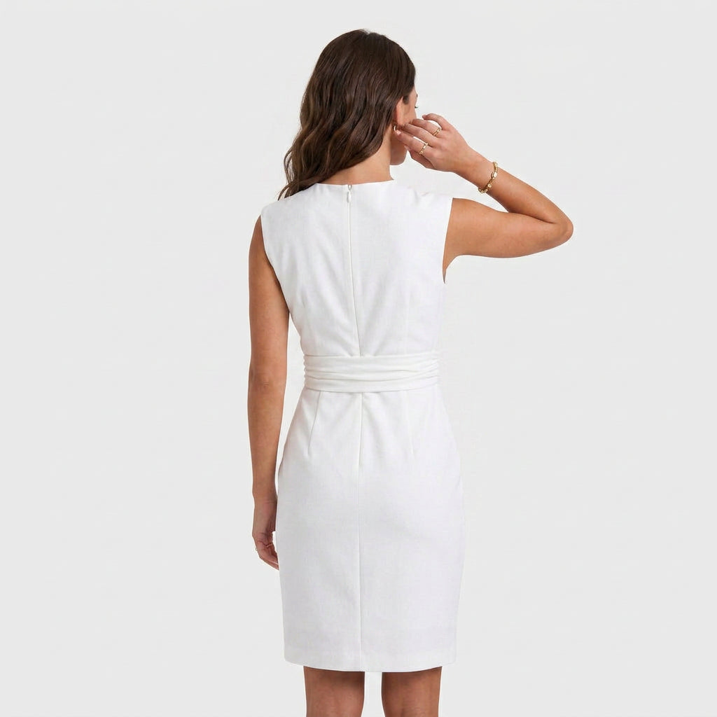 Elegant Cocktail Party Dress for Women with Keyhole Neck Cap Sleeve Ruched Waist Bodycon Style