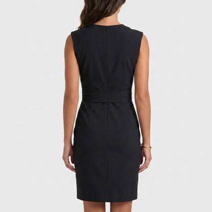 Elegant Cocktail Party Dress for Women with Keyhole Neck Cap Sleeve Ruched Waist Bodycon Style