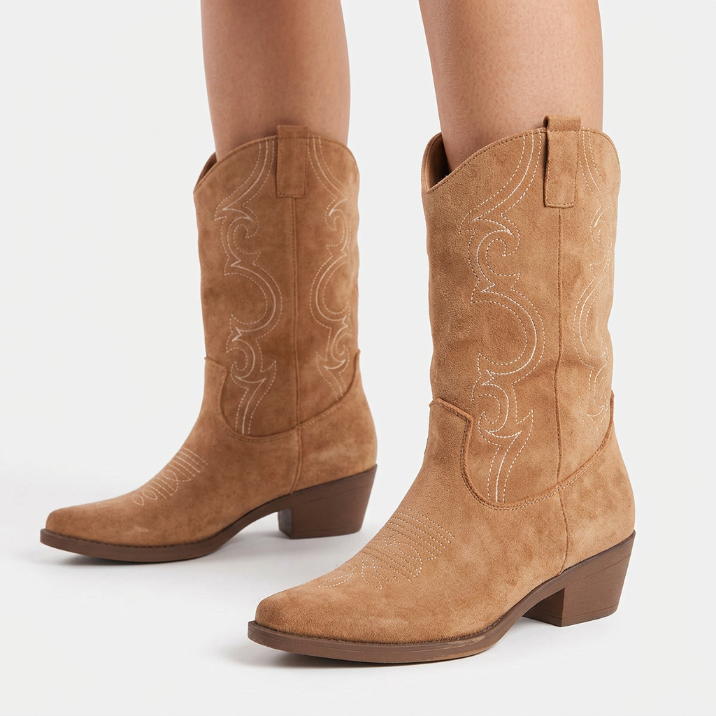 Stylish Suede Ankle Chelsea Boots for Women with Pointed Toe Chunky Heel Embroidered Western Style