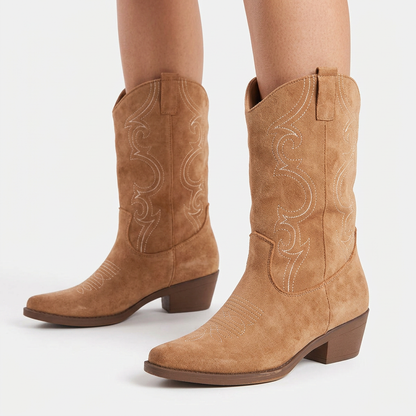 Stylish Suede Ankle Chelsea Boots for Women with Pointed Toe Chunky Heel Embroidered Western Style