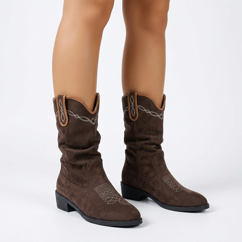 Stylish Suede Cowboy Boots for Women with Embroidered Stitch Slouchy Mid Calf Western Style