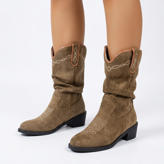 Stylish Suede Cowboy Boots for Women with Embroidered Stitch Slouchy Mid Calf Western Style