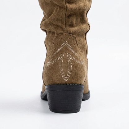 Stylish Suede Cowboy Boots for Women with Embroidered Stitch Slouchy Mid Calf Western Style