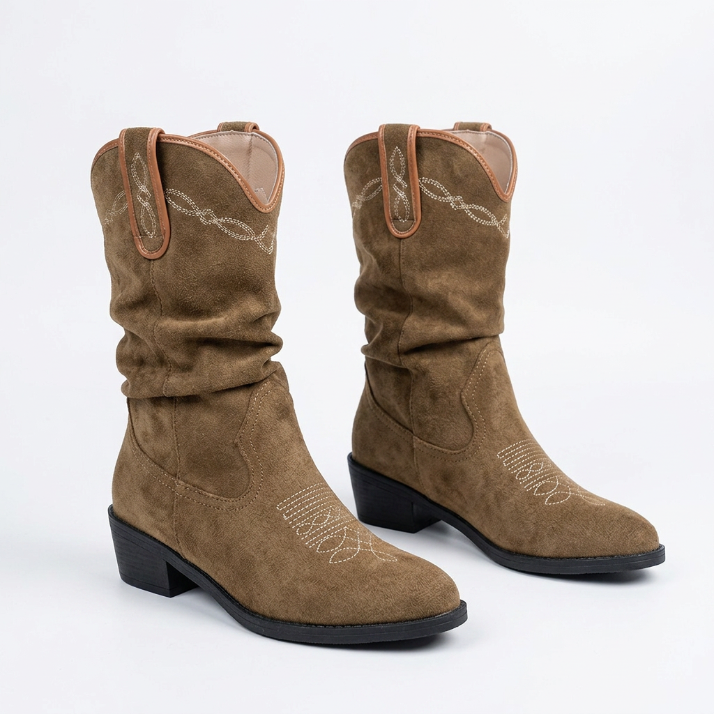 Stylish Suede Cowboy Boots for Women with Embroidered Stitch Slouchy Mid Calf Western Style