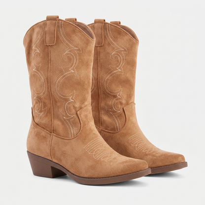 Stylish Suede Ankle Chelsea Boots for Women with Pointed Toe Chunky Heel Embroidered Western Style