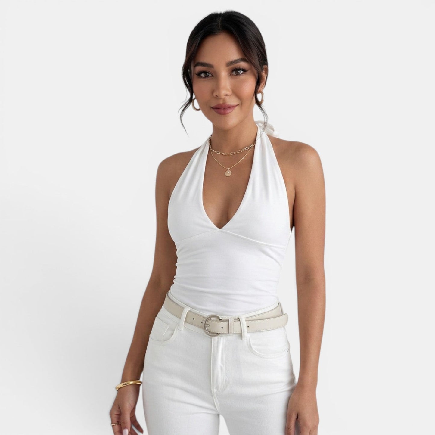 Effortless Knit Halter Top for Women with V Neck Sleeveless Backless Tie Style