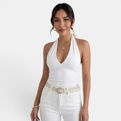 Effortless Knit Halter Top for Women with V Neck Sleeveless Backless Tie Style
