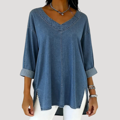 Effortless Tunic Top for Women with V Neck Elbow Sleeve Side Slit Relaxed Style
