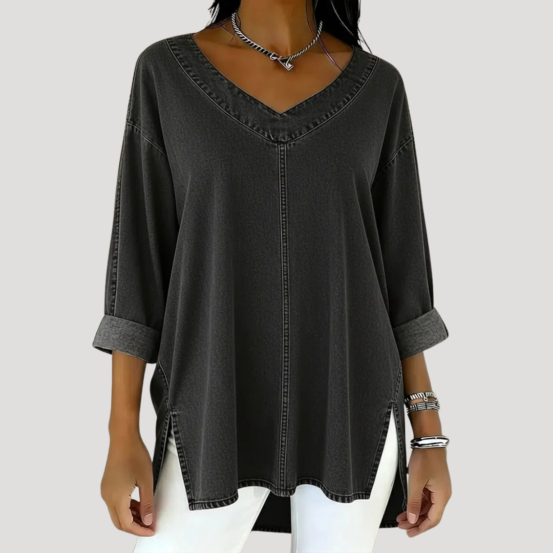 Effortless Tunic Top for Women with V Neck Elbow Sleeve Side Slit Relaxed Style