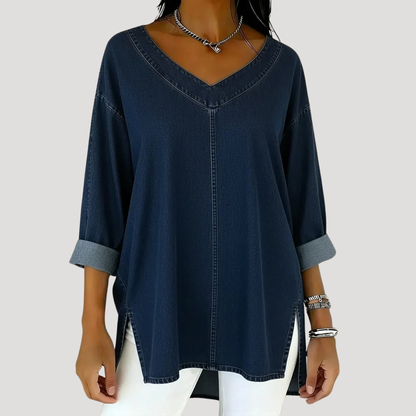 Effortless Tunic Top for Women with V Neck Elbow Sleeve Side Slit Relaxed Style