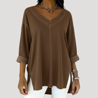 Effortless Tunic Top for Women with V Neck Elbow Sleeve Side Slit Relaxed Style