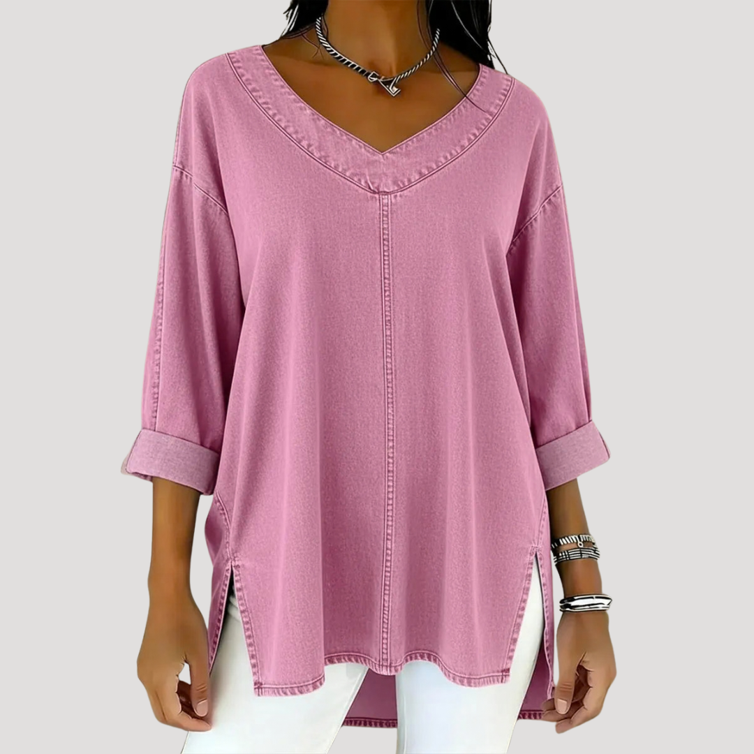 Effortless Tunic Top for Women with V Neck Elbow Sleeve Side Slit Relaxed Style