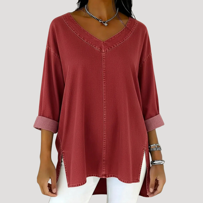 Effortless Tunic Top for Women with V Neck Elbow Sleeve Side Slit Relaxed Style