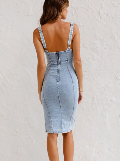 Elegant Denim Midi Dress for Women with Square Neck Sleeveless Bodycon Side Slit Style