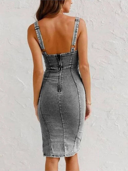 Elegant Denim Midi Dress for Women with Square Neck Sleeveless Bodycon Side Slit Style