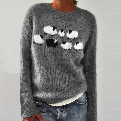 Cozy Sheep Print Novelty Sweater for Women with Crew Neck Long Sleeve Knit Pullover Winter Style