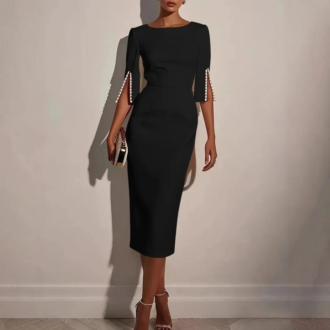 Elegant Black Dress for Women with Round Neck Half Sleeve Pearl Trim Sheath Midi Cocktail Style