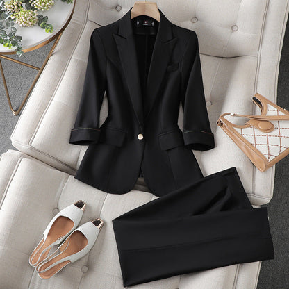 Elegant Blazer Pants Set for Women with Notched Lapel Long Sleeve Single Button Tailored Suit Style
