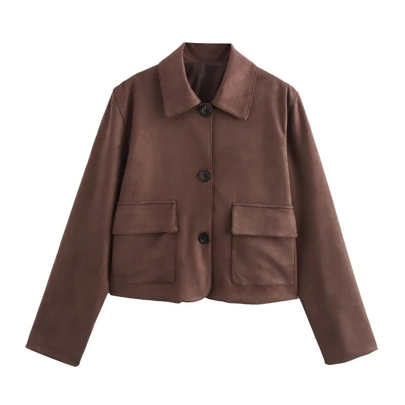 Elegant Brown Suede Cropped Jacket for Women with Collar Long Sleeve Button Front Patch Pocket Style