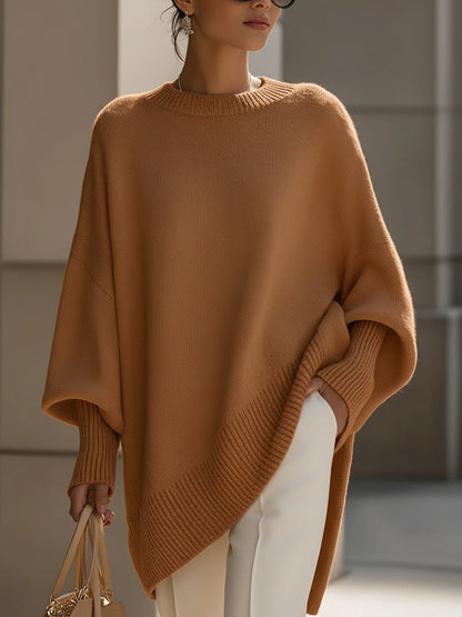 Comfortable Crewneck Sweater for Women with Batwing Sleeve Relaxed Oversized Knit Style