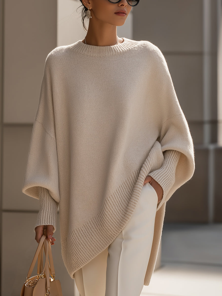 Comfortable Crewneck Sweater for Women with Batwing Sleeve Relaxed Oversized Knit Style