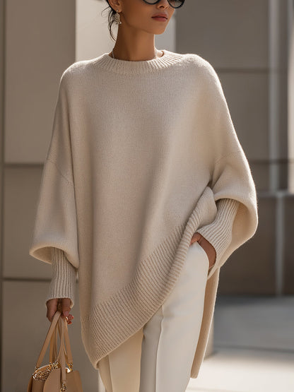 Comfortable Crewneck Sweater for Women with Batwing Sleeve Relaxed Oversized Knit Style