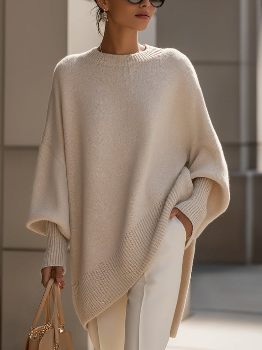 Comfortable Crewneck Sweater for Women with Batwing Sleeve Relaxed Oversized Knit Style