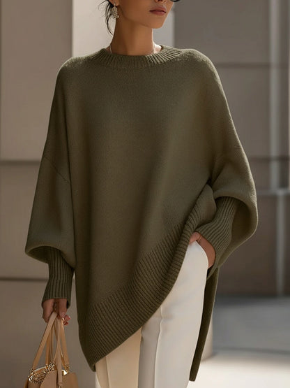 Comfortable Crewneck Sweater for Women with Batwing Sleeve Relaxed Oversized Knit Style
